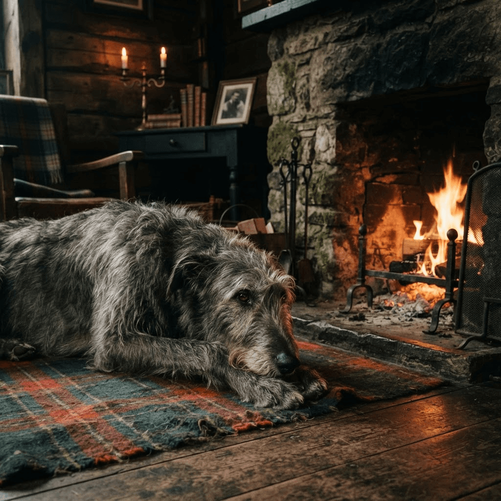 A dignified Scottish Deerhound resting beside a stone fireplace