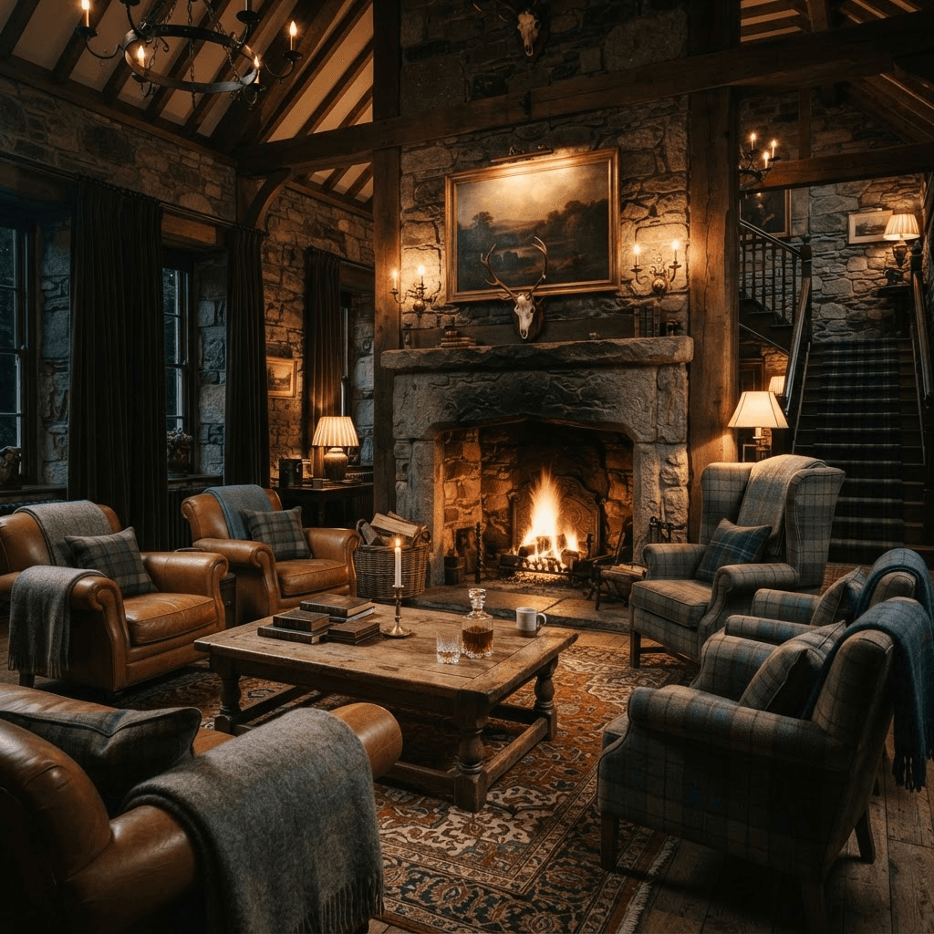 The firelit great room of Braemore House with a massive stone fireplace, dark timber, and wool textiles