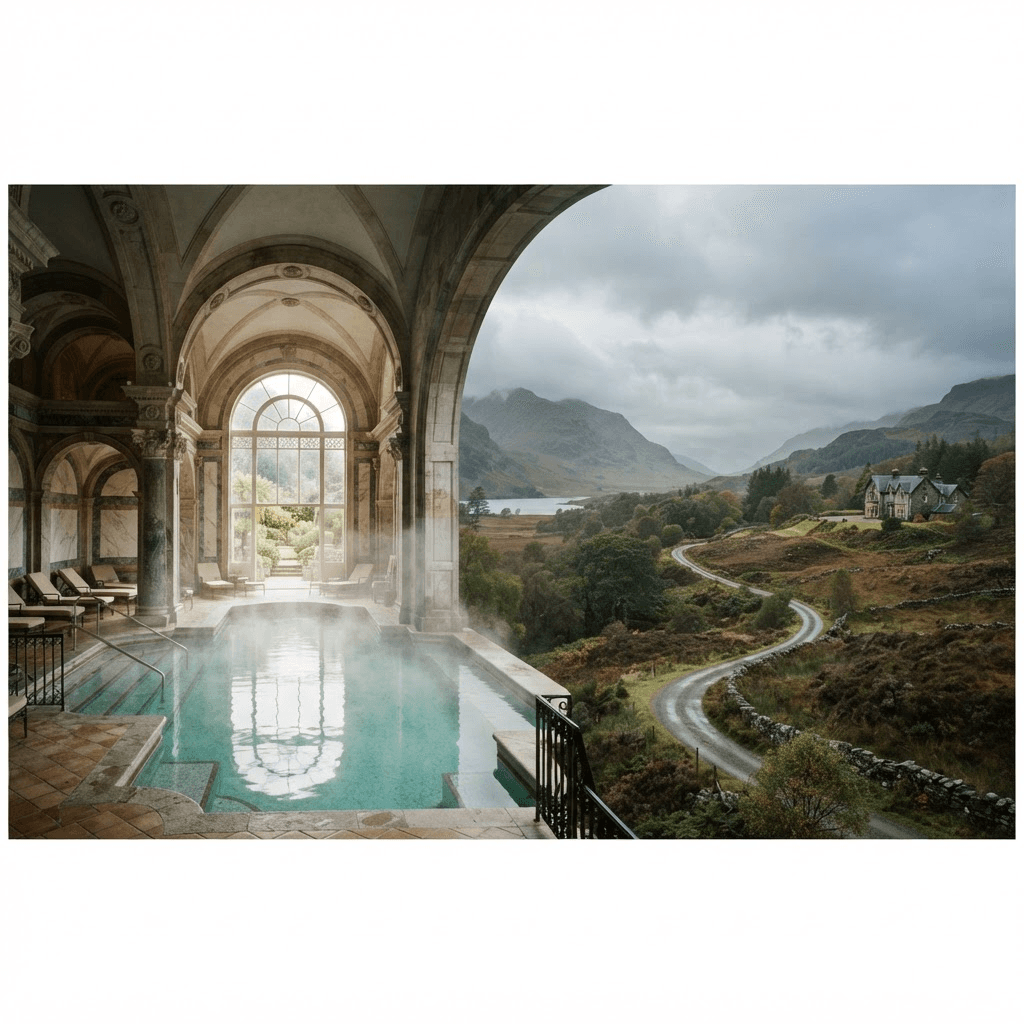 A grand European thermal bathing hall transitioning to the misty landscapes and estates of the Scottish Highlands