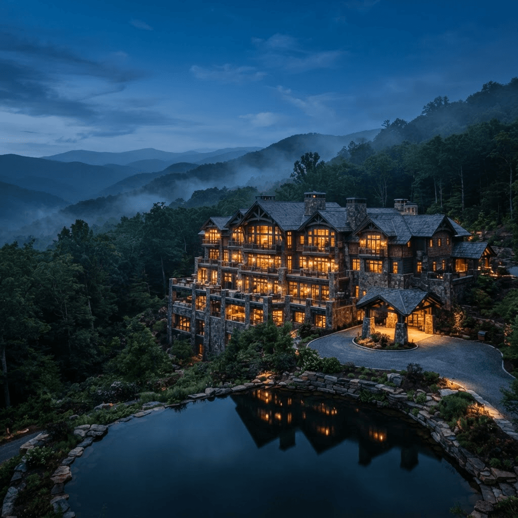 A luxury mountain wellness lodge at dusk, set into the misty Blue Ridge Mountains with warmly lit windows