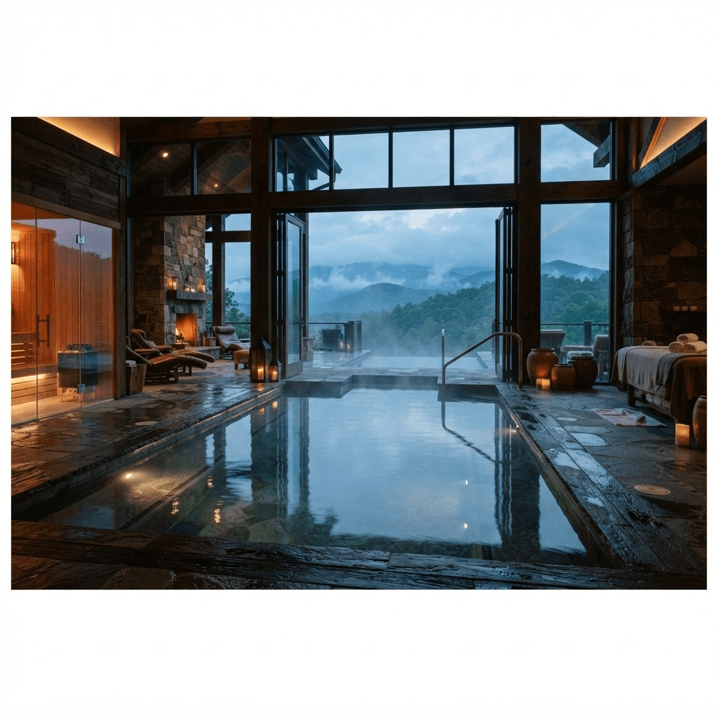 A still, steaming thermal bathing pool of dark stone opening to misty Blue Ridge mountain views