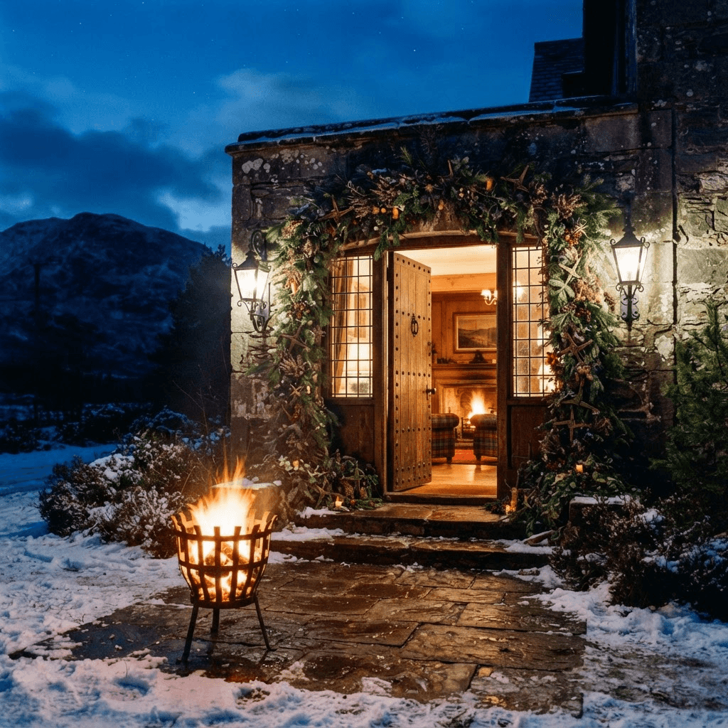 A firelit stone doorway of Braemore House on a winter evening