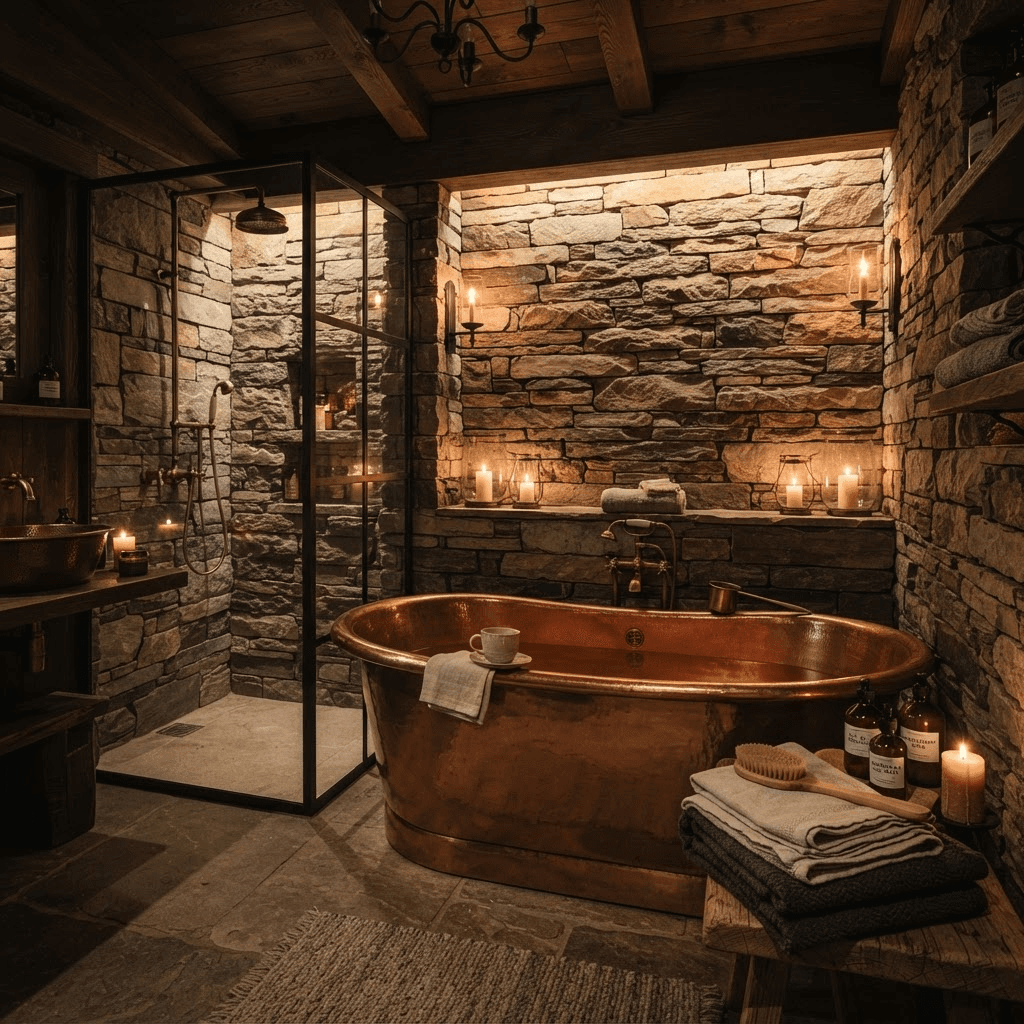 A windowless suite bathroom with a massive copper soaking tub set into a full-height Scottish stone surround, a walk-in stone shower, and warm candlelight