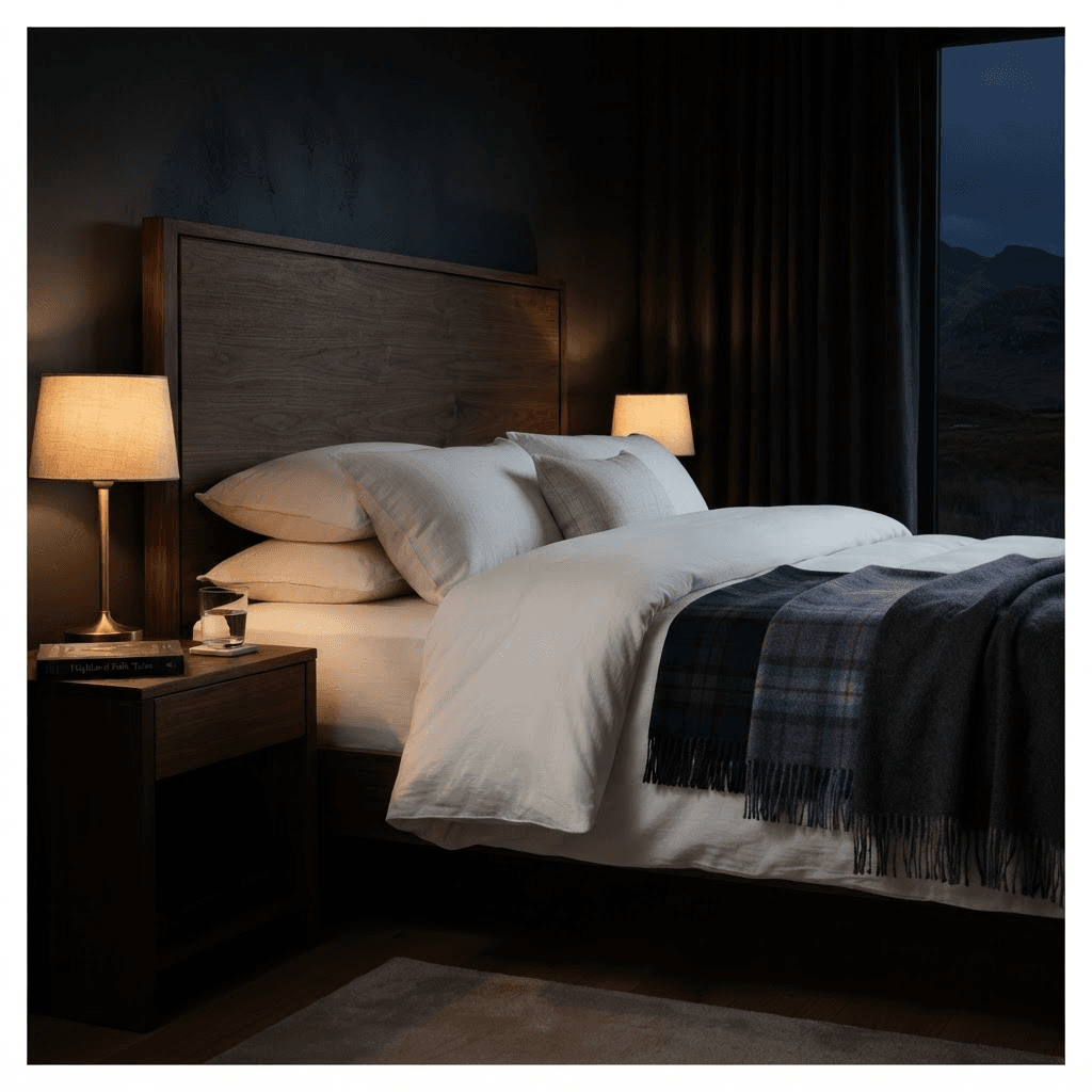 A king bed with a tall dark walnut headboard, crisp white linen, a duvet, and layered tartan wool blankets under warm restrained lighting