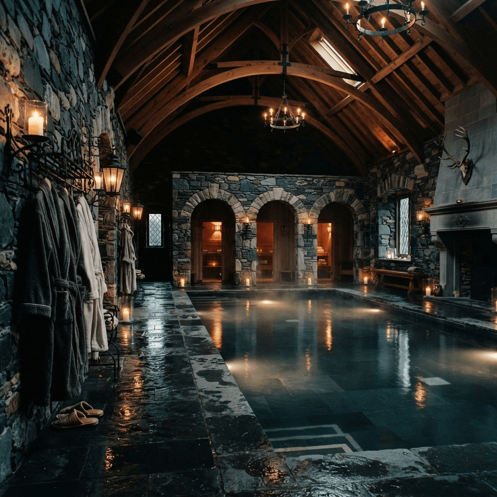 Steam rising over a still mineral bathing pool in a dark stone-and-timber thermal hall