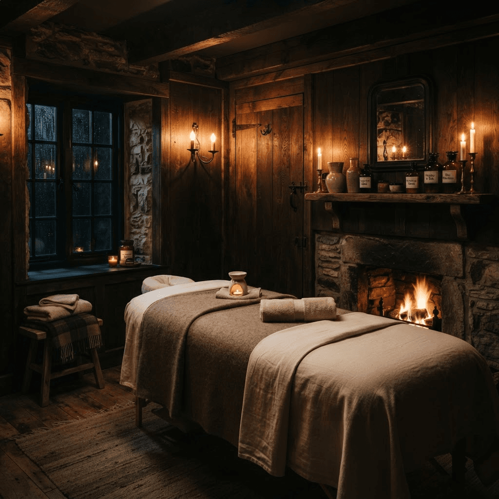 A private, firelit spa treatment room with dark walnut paneling and warm linen