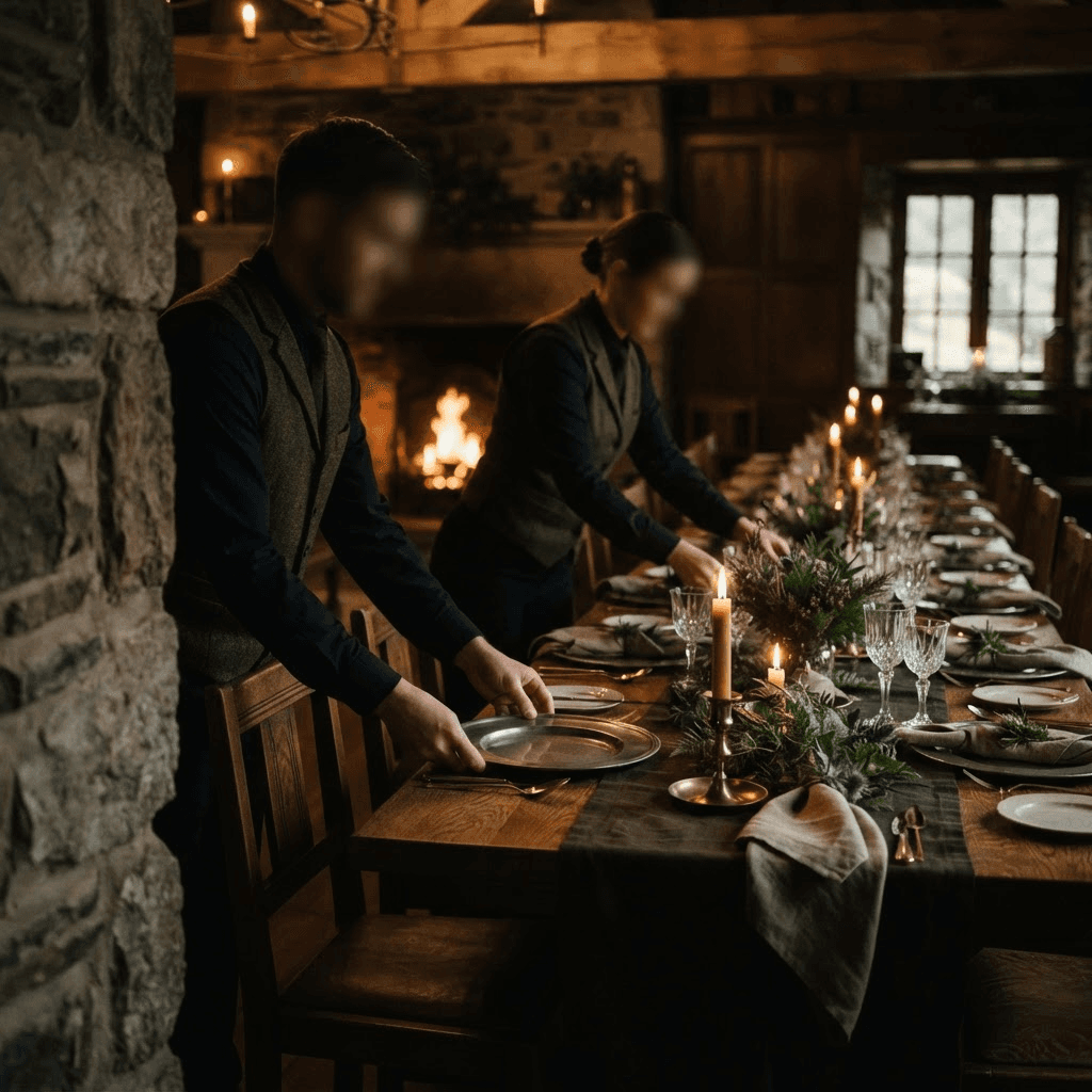 A candlelit table being set with care in the Braemore House lodge