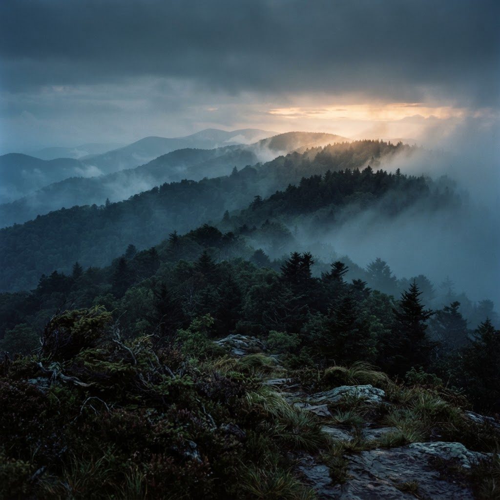 Misty layered ridgelines of the Blue Ridge Mountains at dawn
