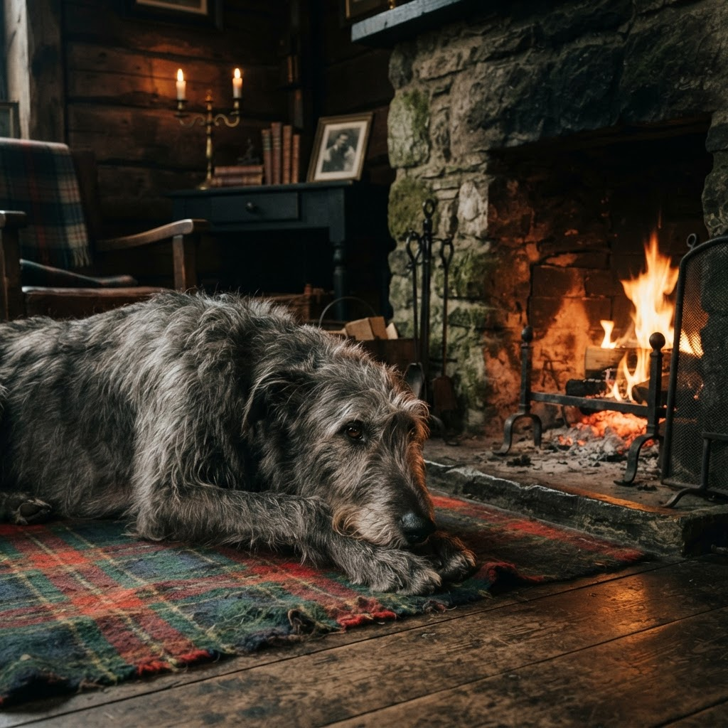 A dignified Scottish Deerhound resting beside a stone fireplace