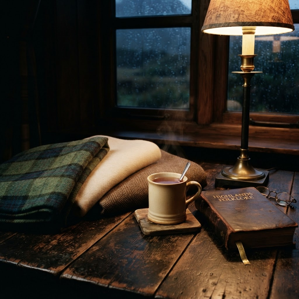 Wool tweed throws, a steaming mug of tea, and leather-bound books beside a rain-streaked window